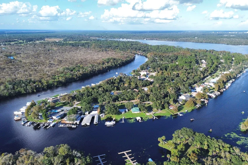 Aerial view of the St. Johns River in Florida, with winding freshwater channels, shoreline cover, boat docks, and habitat used by Largemouth Bass.