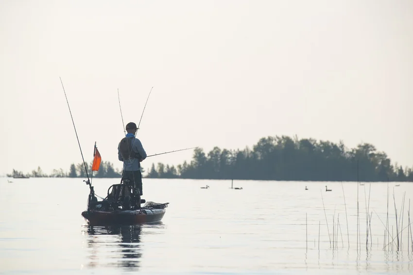 Angler standing on a fishing kayak with several rods onboard, surrounded by calm water with distant trees and shoreline reeds visible.