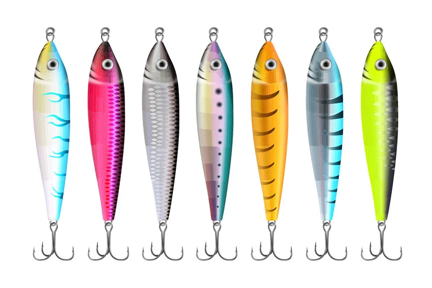 Collection view of realistic fishing lures for various fish species, including Salmon, Catfish, Tuna, Pike, Perch, Marlin, Bass, Trout, and Tarpon, featuring a variety of wobblers and hooks.