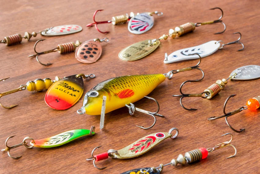 Set of artificial spoon-baits and fishing spinners neatly arranged on a dark wooden background, showcasing their shine, hooks, and varied shapes in a close-up flat lay view.