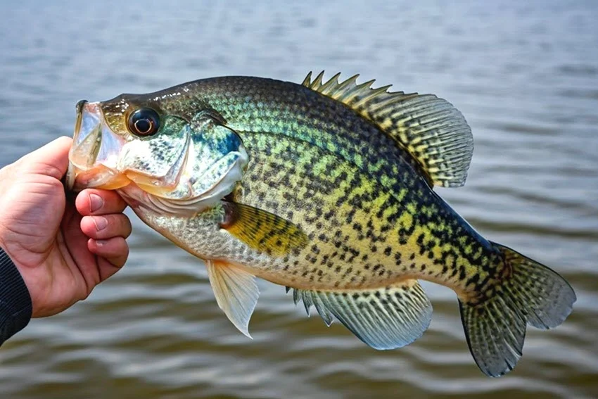 View of an angler's hand holding a huge Crappie with a black spotted body on a lake shore.
