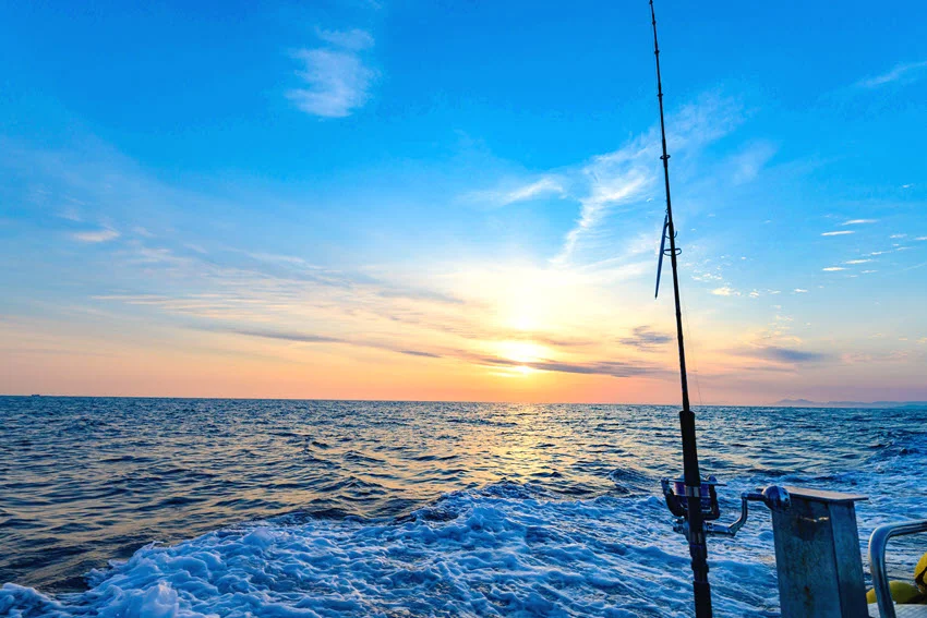 Offshore rod set over open water at sunrise, showing a classic deep water setup for reaching productive Grouper grounds.