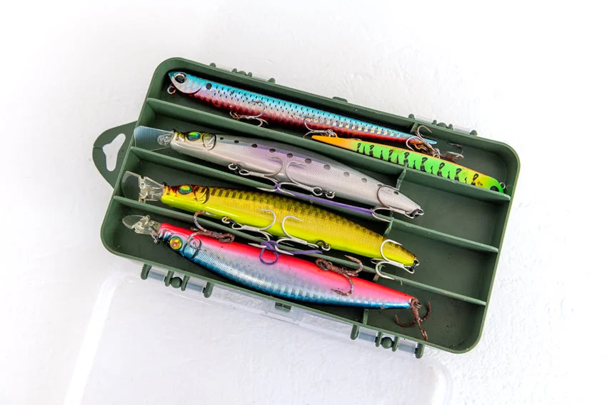 Close view of assorted hard-bodied fishing plugs arranged in a tackle box for targeting aggressive Jack Crevalle with fast, erratic retrieves.
