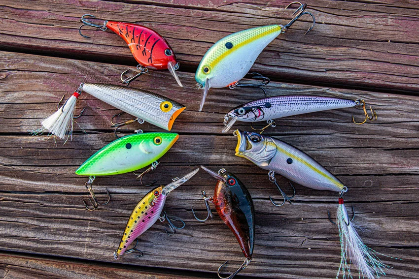 Colorful hard bait fishing lures arranged on a wooden deck, including crankbaits and minnow-style plugs used for freshwater predator fishing.