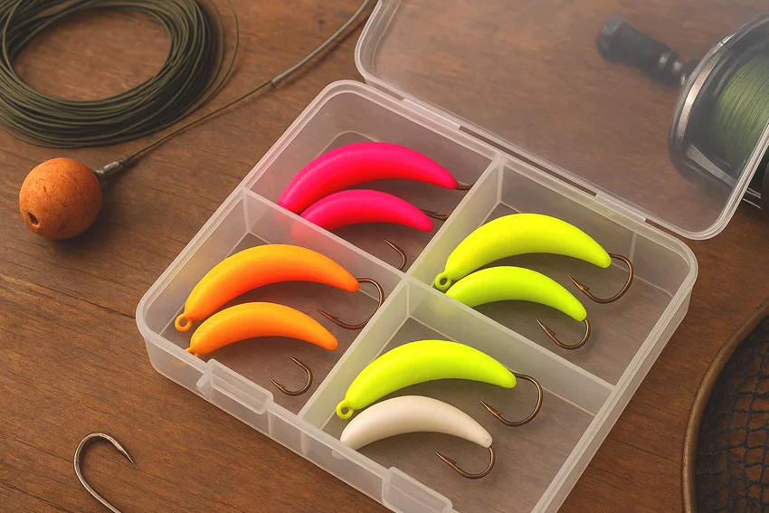 View of an open tackle box with colorful Banana Jigs, fishing line, hooks, a reel, and a net placed on a rustic wooden table in natural daylight.