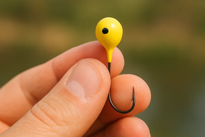Close-up view of an angler holding a bright yellow Egghead Jig with a sharp hook, blurred outdoor background of trees and water.
