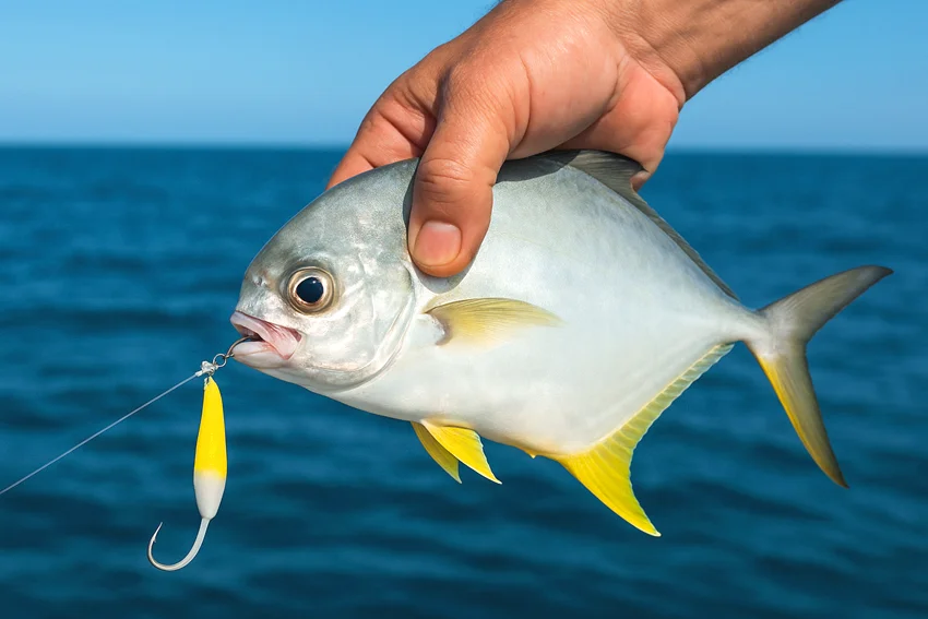View of an angler holding a Pompano fish with a yellow and white jig in its mouth, against a calm blue sea background.