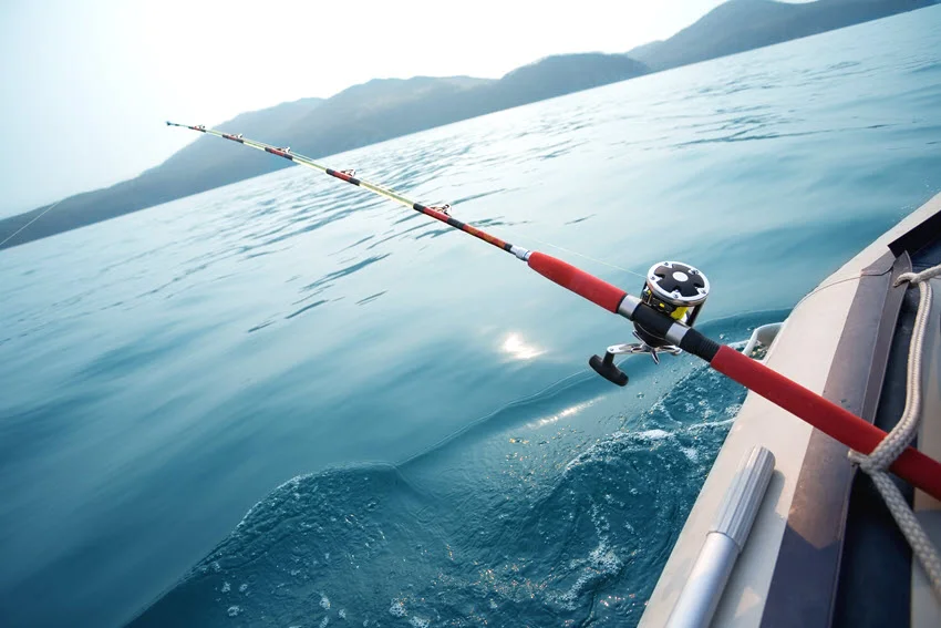 Trolling rod set from a boat over calm saltwater, showing a common Salmon fishing method for covering open water with spoons, plugs, and bait-style lures.