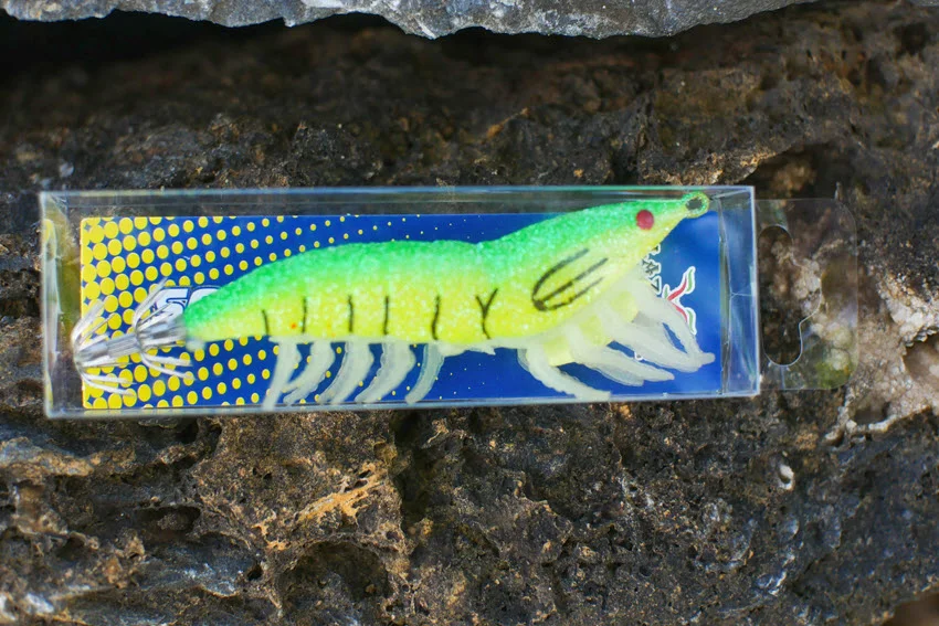 Artificial shrimp lure in clear packaging, showing a reliable lure choice for Snook around docks, mangroves, seawalls, and shoreline cover.