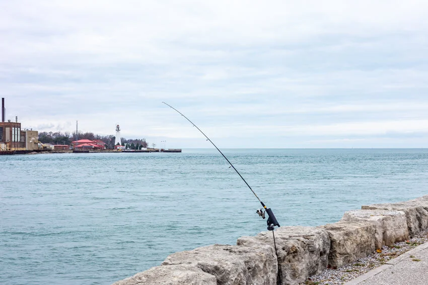 Fishing rod set along a rocky saltwater shoreline, showing the kind of bank access spot where Snook often hold and feed near structure.