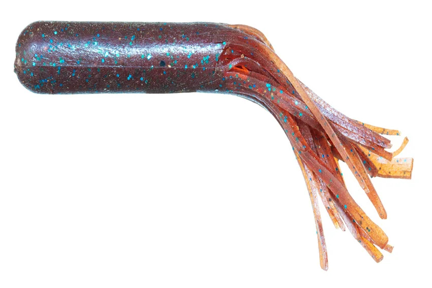 Red and orange tube-style soft lure with tentacles used for Triggerfish and reef fishing.