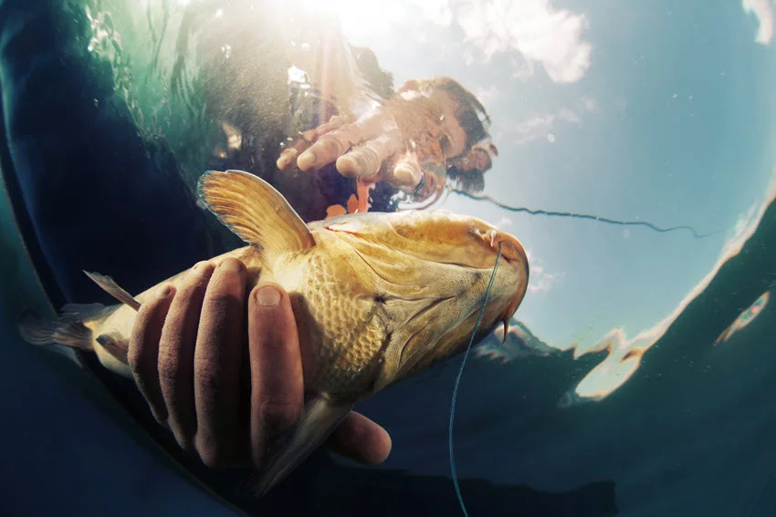 Underwater shot of the angler holding the fish, with blue sky above his head.