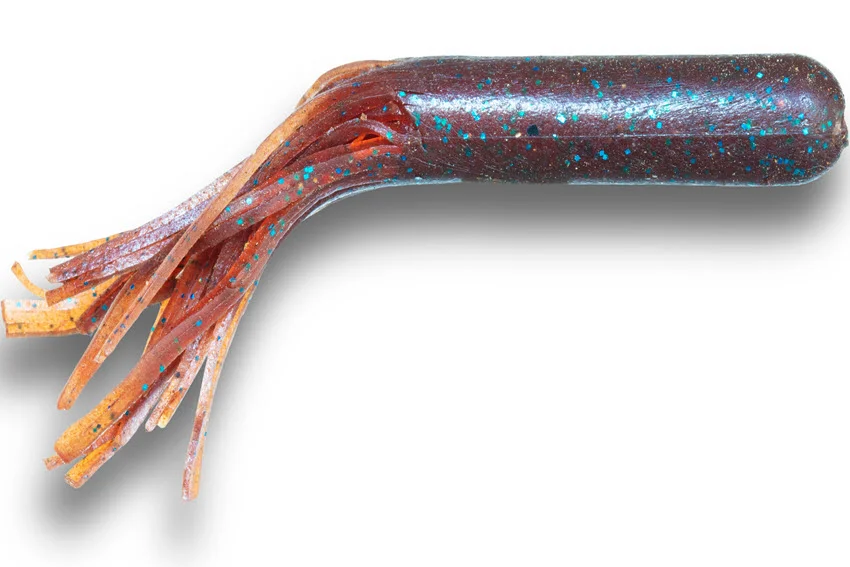 Brown-red tube jig lure with soft tail, presented on a white background.