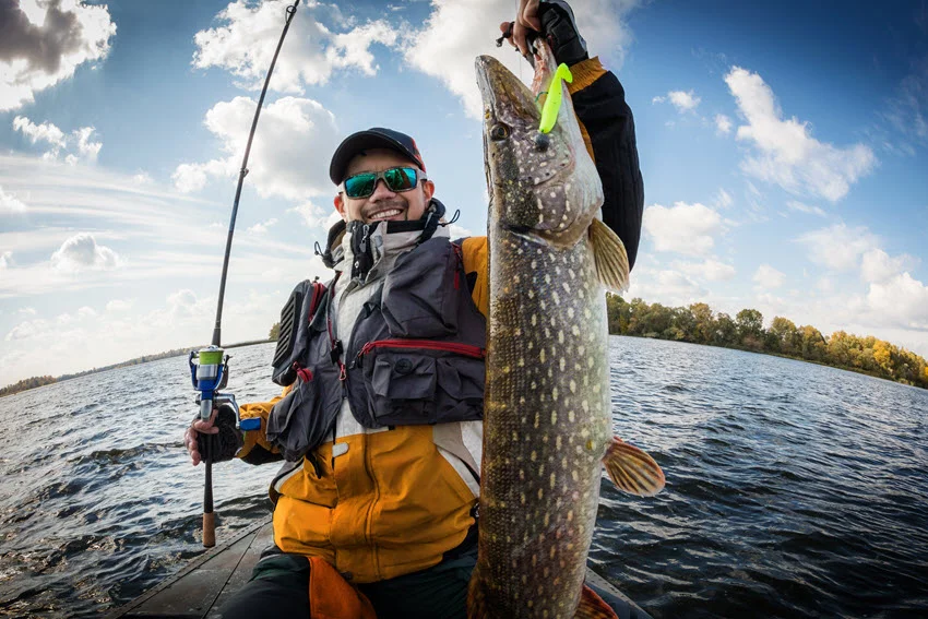 An angler proudly holding a trophy Pike, showcasing a successful catch as the large fish glistens in the light, capturing the excitement of the moment.