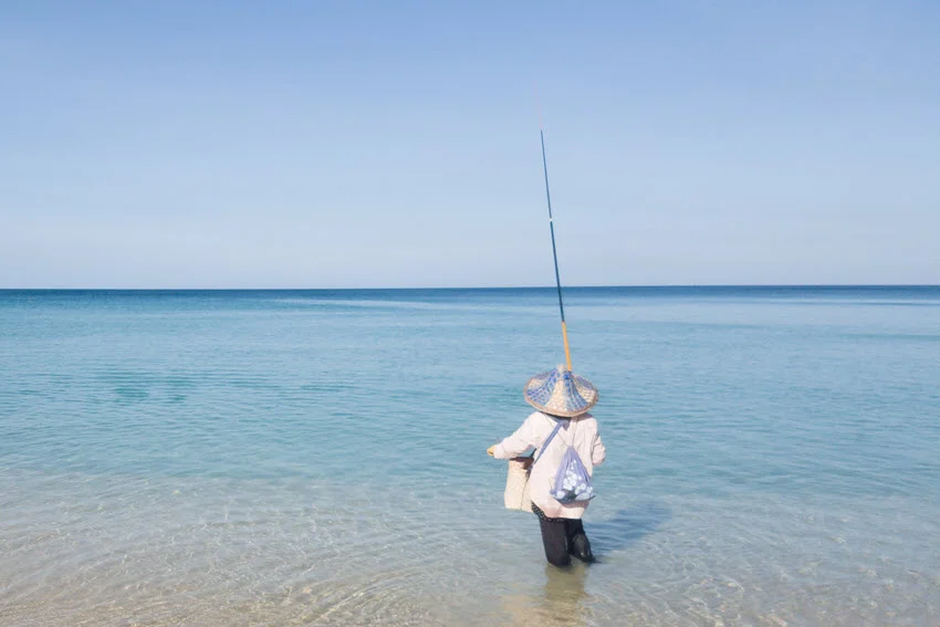 View of an angler standing in shallow ocean water, performing sight fishing with a long rod under clear skies.