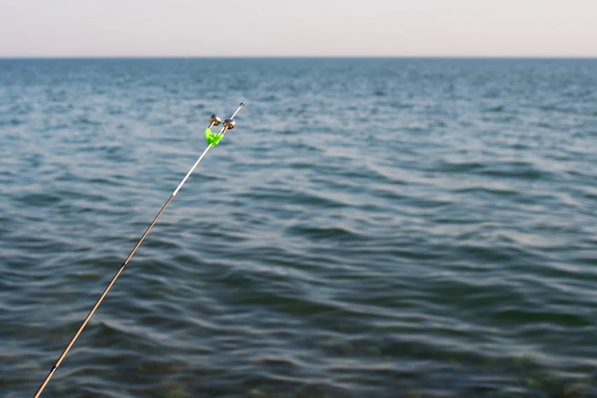 Bottom-fishing rod tip fitted with twin bite alarm bells on a green clip, extending above coastal water beneath a pale sky.