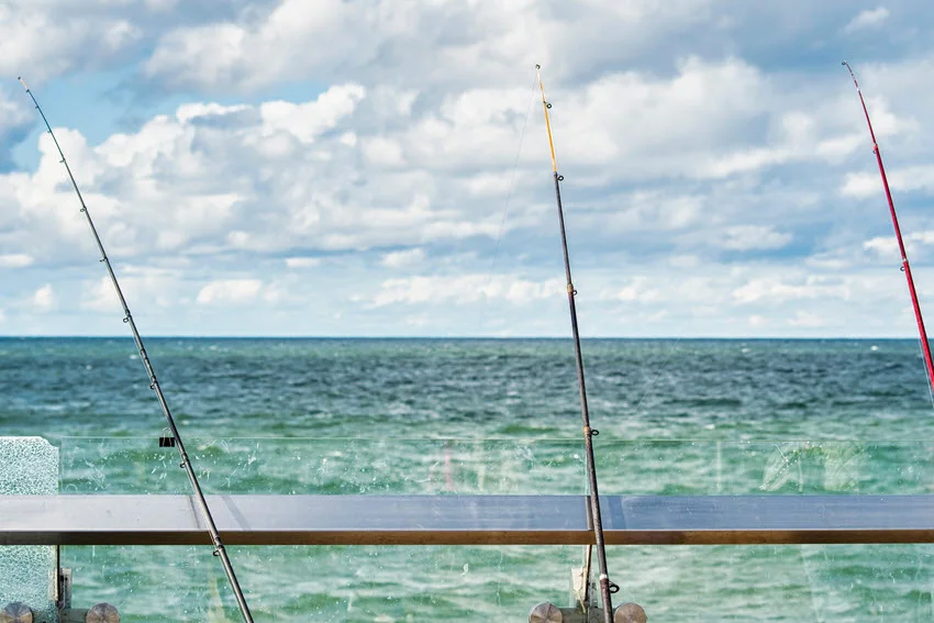Three fishing rods lined along a pier railing above choppy coastal water, serving as a general illustration of Black Drum fishing gear.