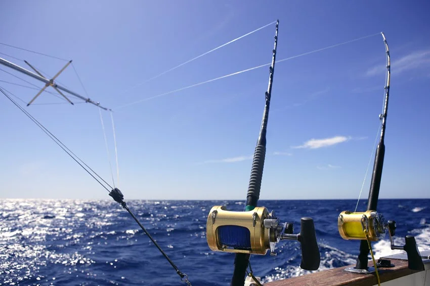 Close shot on a sunny day of trolling rods mounted on a boat, ready for action out at sea.