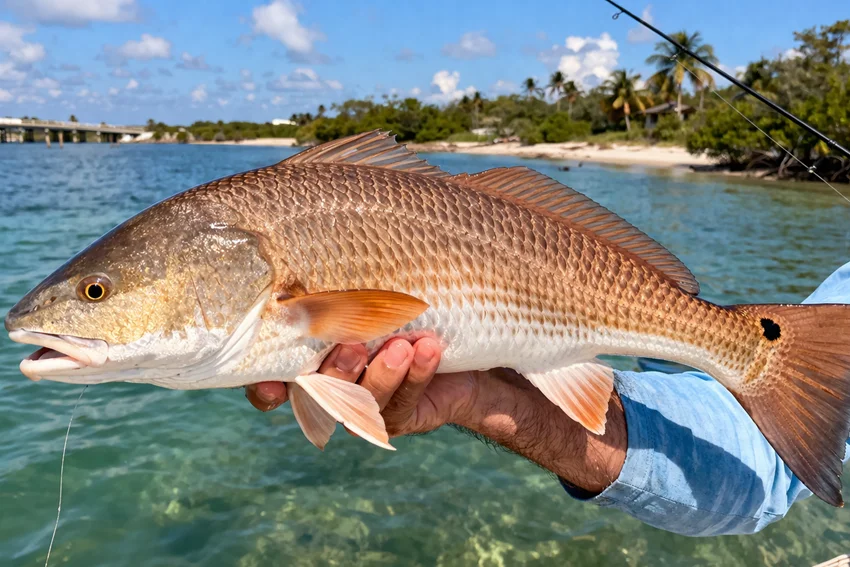 Redfish caught in shallow inshore water off Captiva, Florida, with a clear side profile and tail spot visible from the boat.