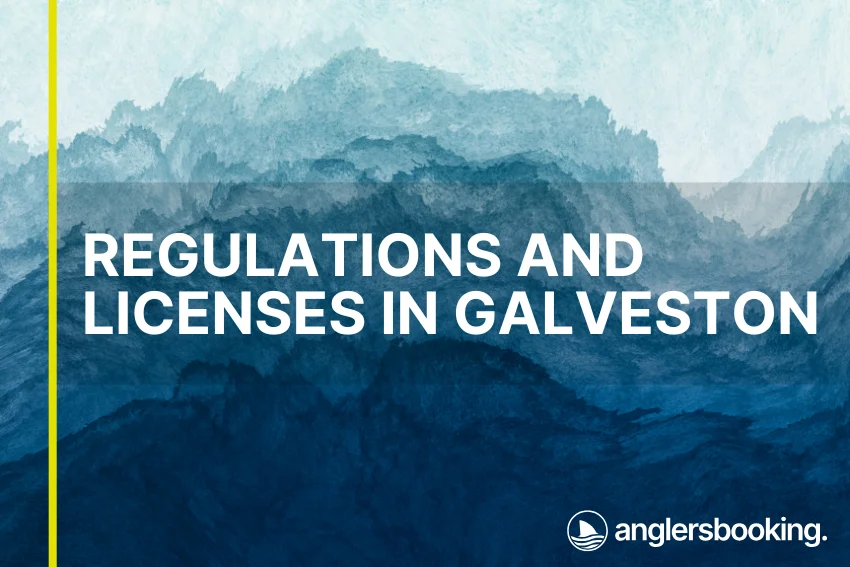 An illustration of ocean waves in intricate shades of blue with a yellow line on the left side of the visual, the heading Regulations and Licenses in Galveston, and the Anglers Booking logo at the bottom right.