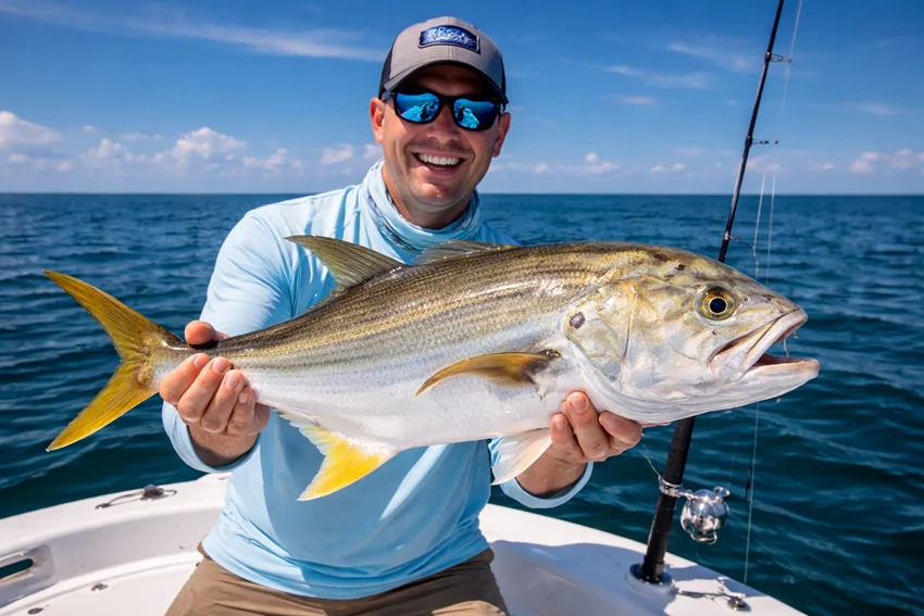 Angler holding a Jack Crevalle on a fishing charter boat with open water in the background under clear sky.