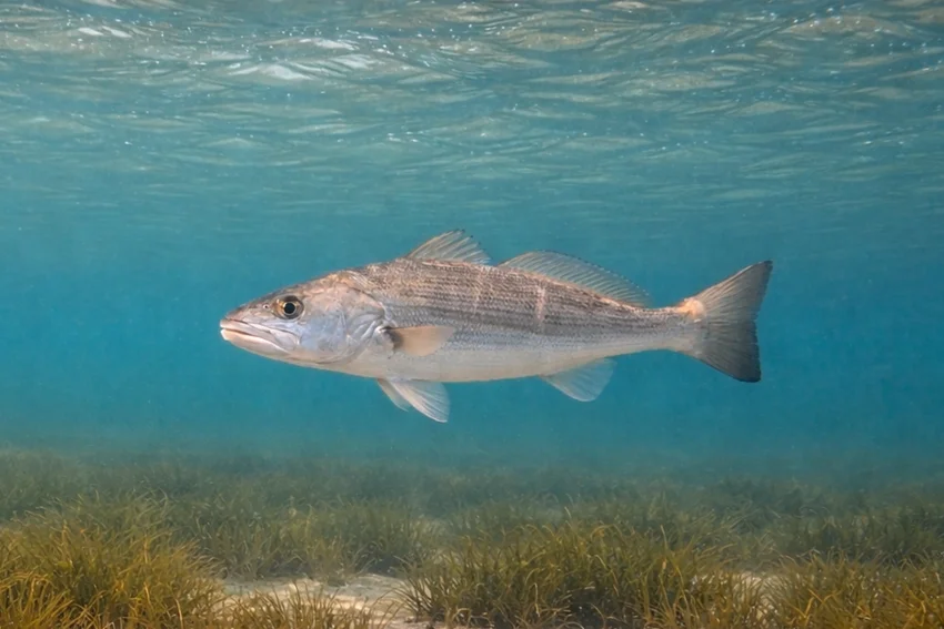 Underwater view of a Southern Kingfish swimming above a sandy bottom with scattered seagrass in clear coastal water.