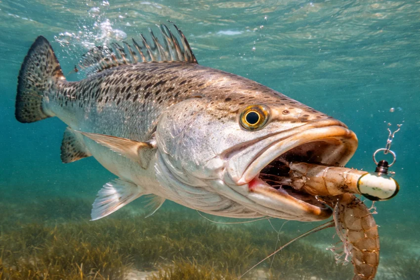 Underwater shot of a Spotted Seatrout biting a shrimp lure over seagrass in shallow coastal water.