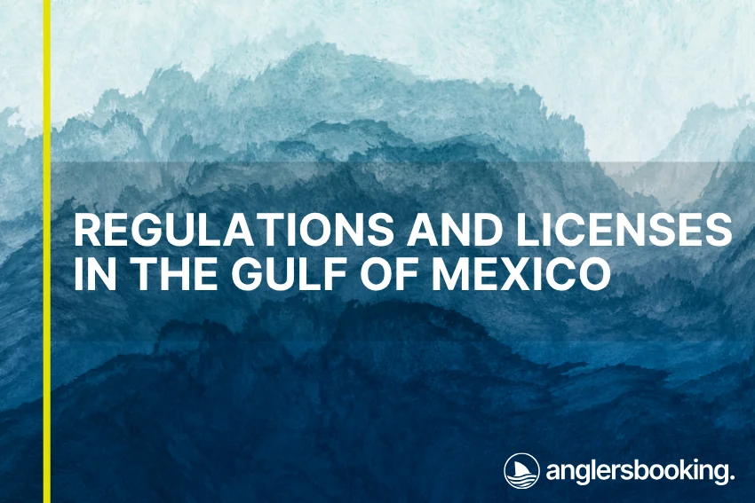 An illustration of ocean waves in intricate shades of blue with a yellow line on the left side of the visual, the heading Regulations and Licenses in the Gulf of Mexico, and the Anglers Booking logo at the bottom right.