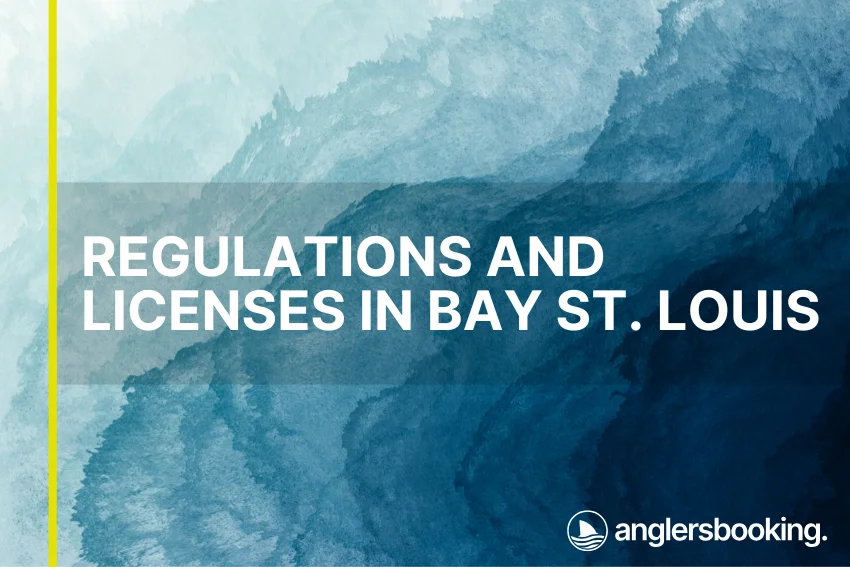 An illustration of ocean waves in intricate shades of blue with a yellow line on the left side of the visual, the heading Regulations and Licenses in Bay St. Louis, and the Anglers Booking logo at the bottom right.
