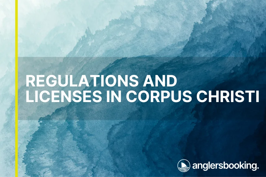An illustration of ocean waves in intricate shades of blue with a yellow line on the left side of the visual, the heading Regulations and Licenses in Corpus Christi, and the Anglers Booking logo at the bottom right.