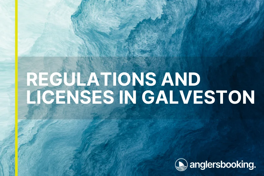 An illustration of ocean waves in intricate shades of blue with a yellow line on the left side of the visual, the heading Regulations and Licenses in Galveston, and the Anglers Booking logo at the bottom right.