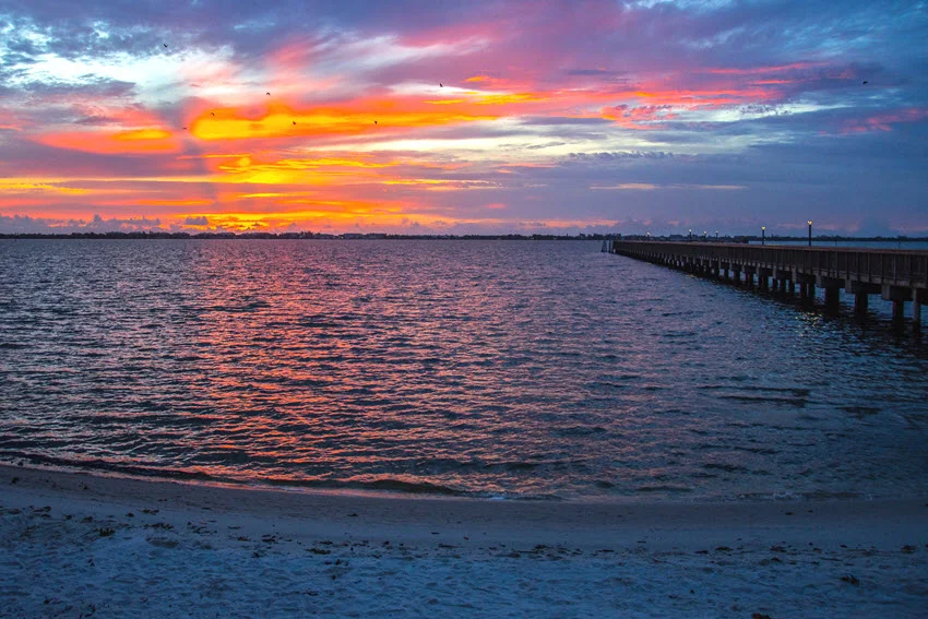 Birds flying through sunbeams with a fishing pier softly lit by filtered sunlight on a cloudy morning, creating a peaceful and atmospheric scene.