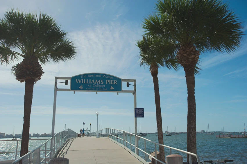 Bert and Walter Williams Pier at the Tuesday Market Waterfront Shopping area, offering a scenic coastal setting. The pier extends over calm waters, with a lively market atmosphere nearby, combining shopping and waterfront views along the coast.