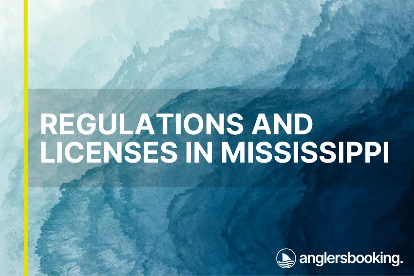 An illustration of ocean waves in intricate shades of blue with a yellow line on the left side of the visual, the heading Regulations and Licenses in Mississippi, and the Anglers Booking logo at the bottom right.