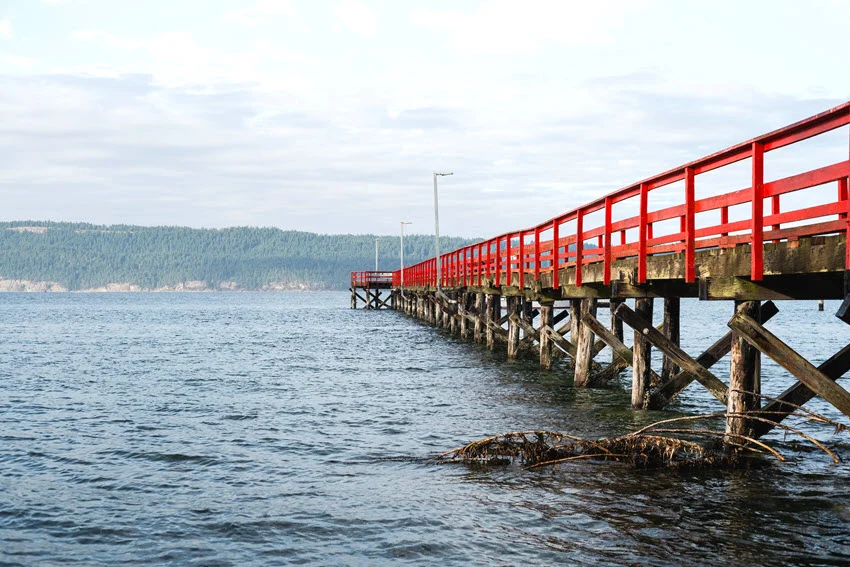 A long red wooden fishing pier extending over the ocean on a sunny day. The vibrant red pier contrasts beautifully with the deep blue water and clear sky, creating a picturesque and inviting coastal scene.