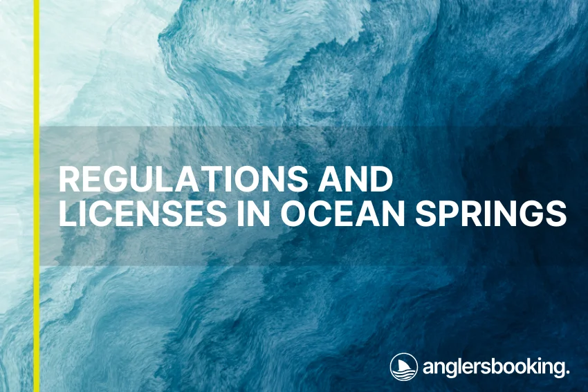 An illustration of ocean waves in intricate shades of blue with a yellow line on the left side of the visual, the heading Regulations and Licenses in Ocean Springs, and the Anglers Booking logo at the bottom right.