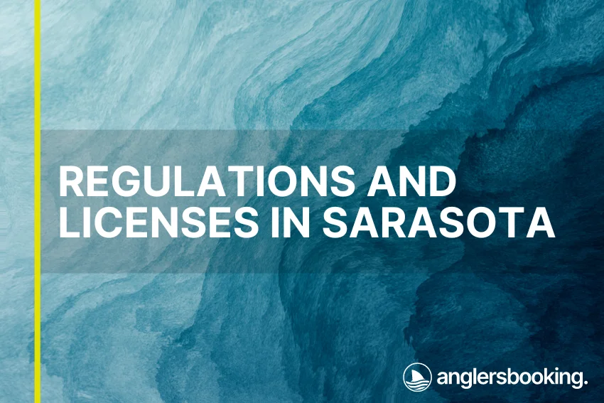 An illustration of ocean waves in intricate shades of blue with a yellow line on the left side of the visual, the heading Regulations and Licenses in Sarasota, and the Anglers Booking logo at the bottom right.