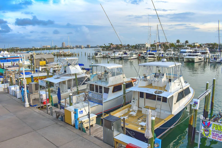 A scenic view of Clearwater Beach Marina, bustling with fishing boats along the picturesque Gulf Coast.