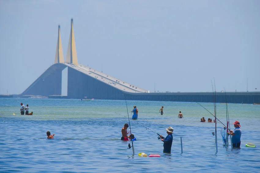 People fishing and swimming in Tampa Bay Florida by the iconic Sunshine Skyway Bridge on a beautiful sunny afternoon.