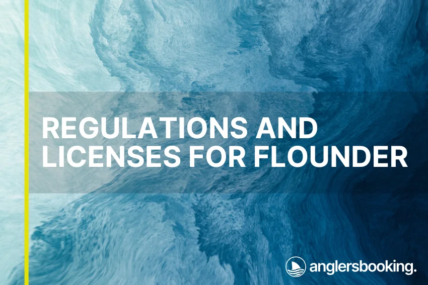 An illustration of ocean waves in intricate shades of blue, with a yellow line on the left side of the visual, the heading Regulations and Licenses for Flounder, and the Anglers Booking logo at the bottom right.