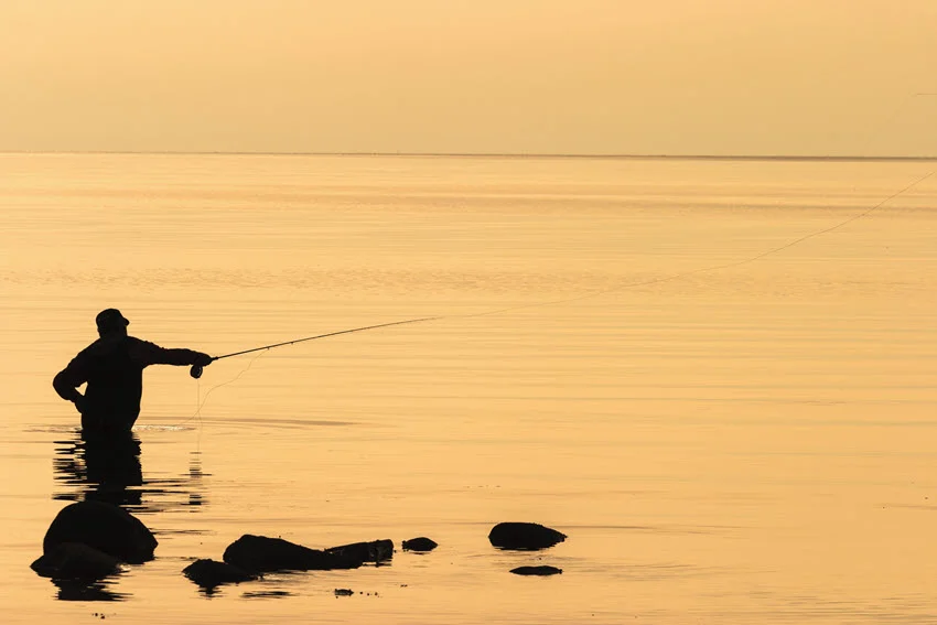 An angler practices a sea fly fishing technique during sunset.