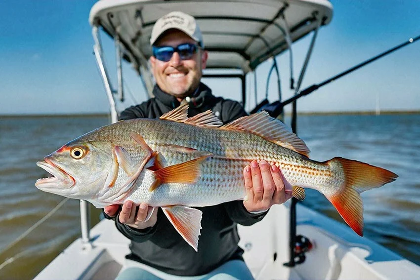 Angler holding a Redfish with both hands on a boat while fishing in Galveston, TX.