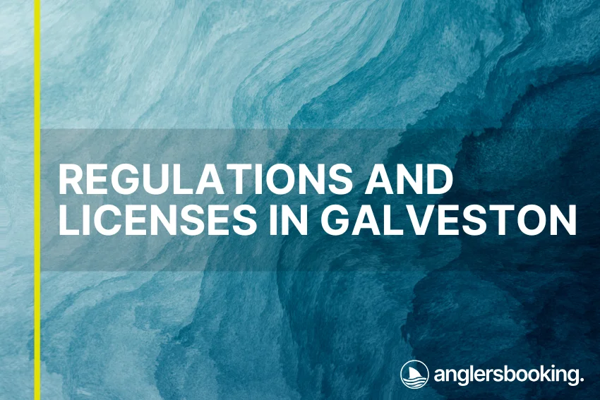 An illustration of ocean waves in intricate shades of blue with a yellow line on the left side of the visual, the heading Regulations and Licenses in Galveston, and the Anglers Booking logo at the bottom right.