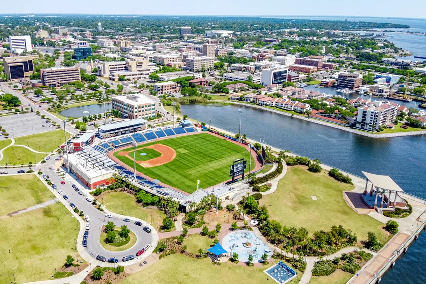 View of Downtown Pensacola, Florida, featuring the area near the Pensacola Blue Wahoos baseball stadium, a popular waterfront venue.