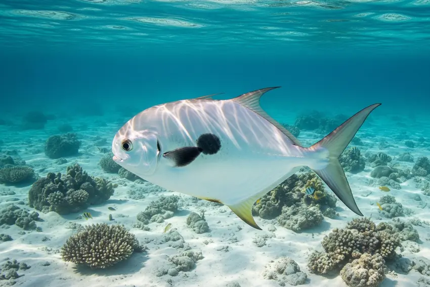 Permit fish swimming underwater, displaying its streamlined silver body, forked tail, and graceful movement through the marine environment.