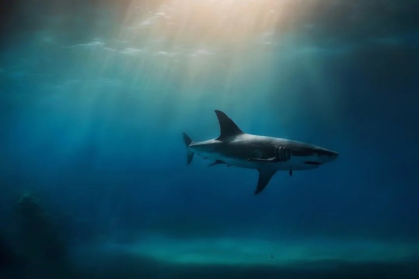 Great White Shark swimming through dark blue open-ocean water beneath filtered sunlight.