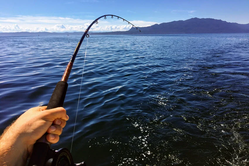 A view of the angler's hand holding a trolling rod somewhere on the sea.