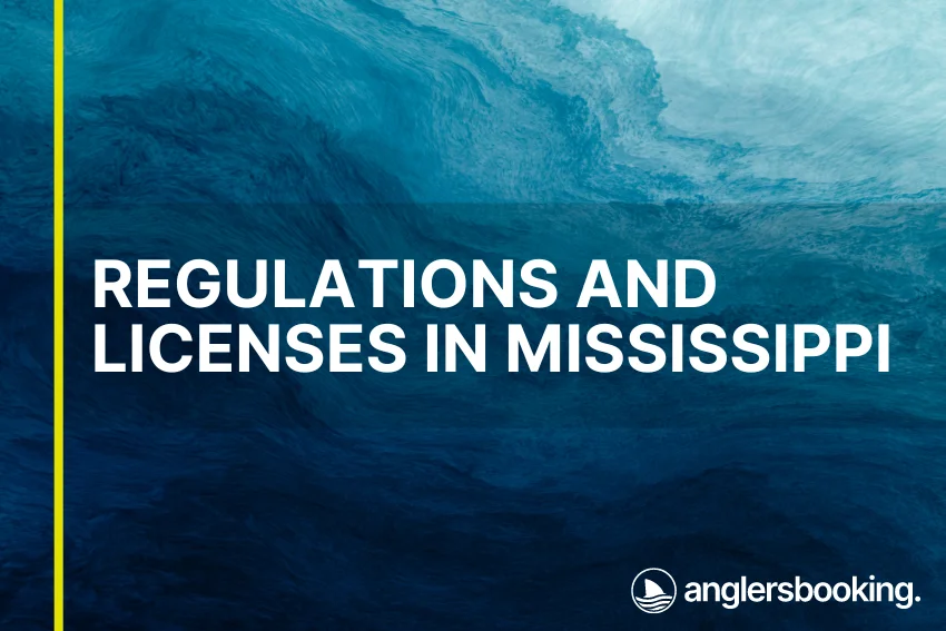 An illustration of ocean waves in intricate shades of blue with a yellow line on the left side of the visual, the heading Regulations and Licenses in Mississippi, and the Anglers Booking logo at the bottom right.