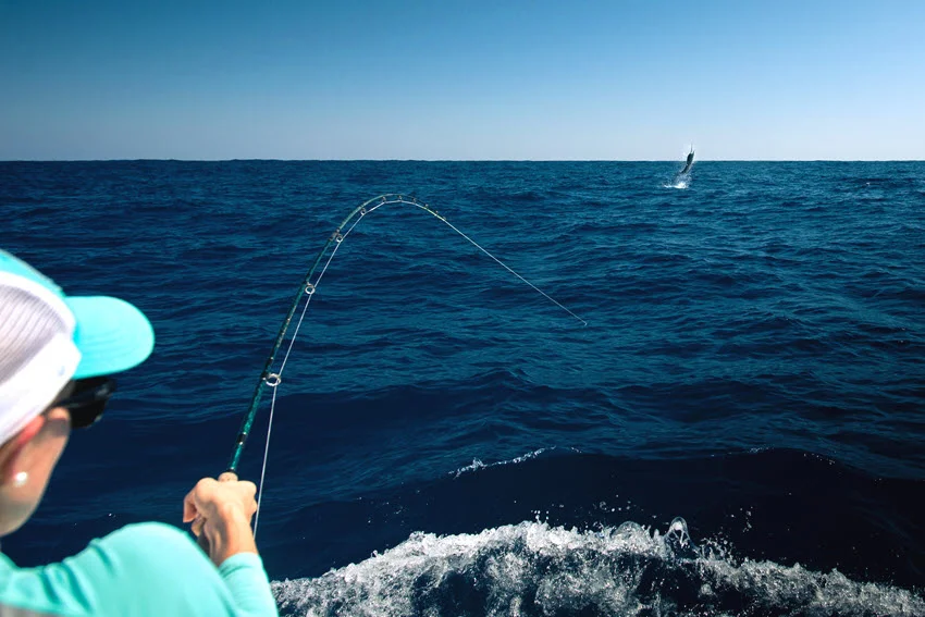 Back view of an angler fly fishing from a boat with a hooked fish leaping in the distance over open water.
