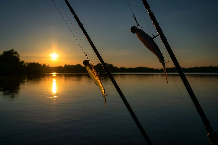Two jigging rods, with small fish baits attached, were placed on a fishing boat.